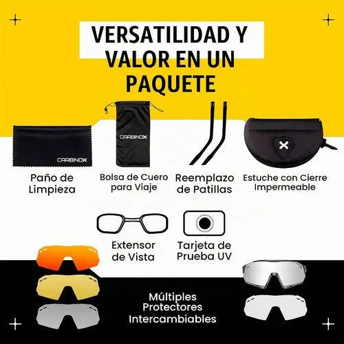 Vista 6 de CARBINOX Gafas de sol deportivas con múltiples lentes de protección antirreflejos, 100% protección UV con estuche rígido y accesorios, marco negro