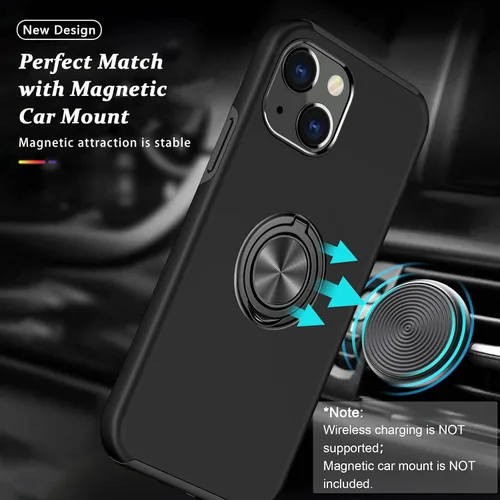 Vista 2 de Funda a prueba de golpes para iPhone 14 de 6.1 pulgadas, [anillo de dedo integrado] funda de teléfono de grado militar con soporte de metal Negro