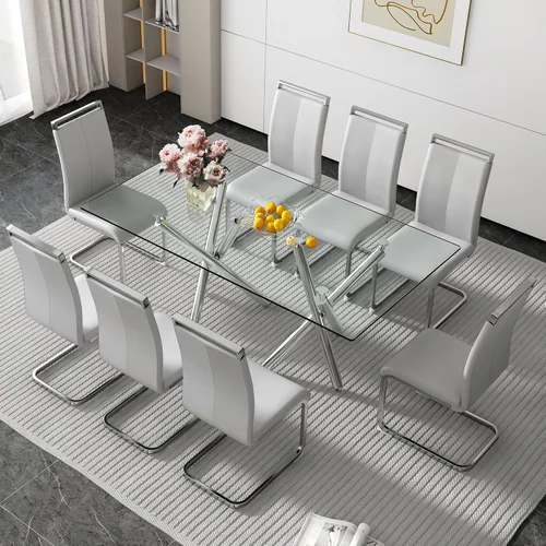Vista 12 de Juego de 6 mesas de comedor de cristal, moderno juego de mesa de comedor de vidrio templado rectangular transparente de 71 pulgadas y 6 sillas