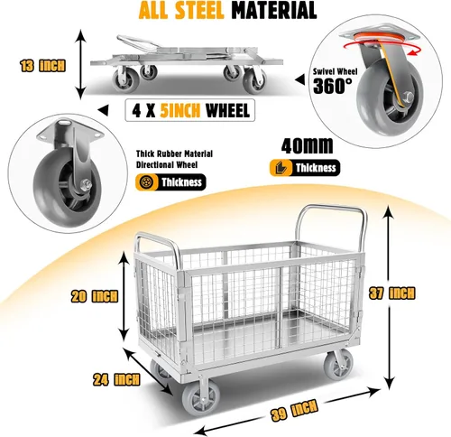 Vista 4 de Carrito de Plataforma con Jaula, Multiusos 6 en 1 Plegable Carrito de Plataforma Plana Carrito de Empuje Resistente Diablito con Ruedas Giratorias