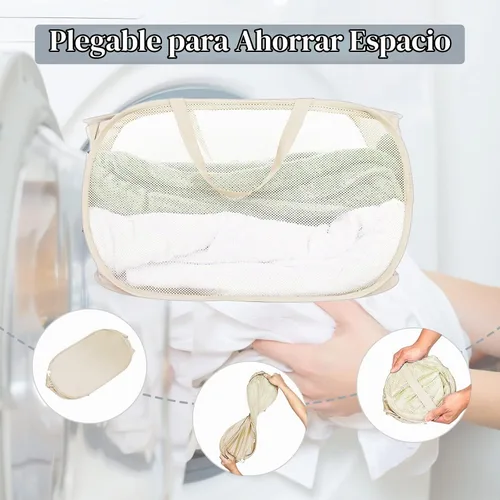 Vista 6 de Cestas de lavandería plegables duraderas, cesta de lavandería desplegable de malla con bolsillo lateral, cesta de almacenamiento de ropa plegable