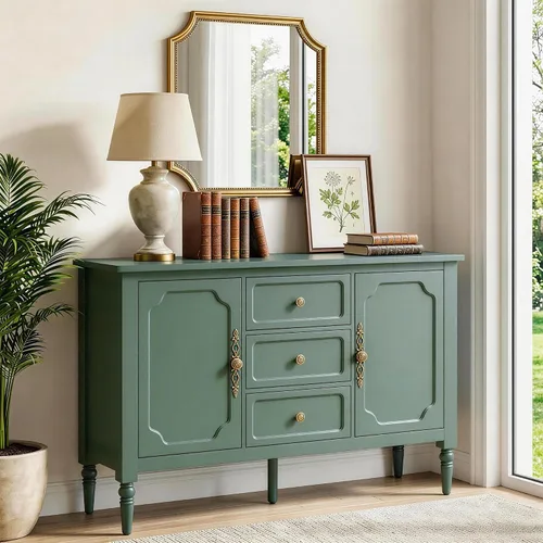 Vista 11 de RoyalCraft Armario buffet con almacenamiento, aparador moderno de mediados de siglo con 3 puertas, mesa de café pintada con estantes ajustables