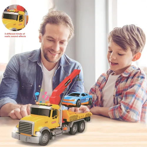 Vista 6 de Camiones de Remolque Grandes de Juguete con Gancho y Coche para Niños, Camiones de Juguete de Retroceso con Luz y Sonido para Niños