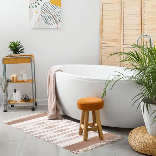 Vista 2 de Okuna Outpost Alfombras de baño – Alfombra de baño bohemia con borlas y pelo bajo – Alfombra de baño y ducha de algodón lavable – Decoración bohemia