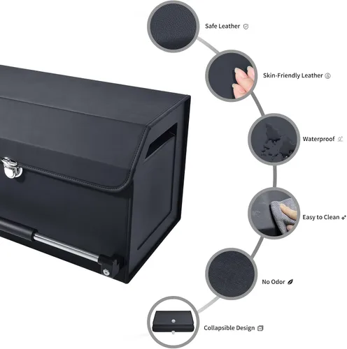 Vista 4 de Organizador de maletero de automóvil, mango de empujar y tirar, plegable de cuero, 2 compartimentos organizadores de automóvil con tapa, organizador