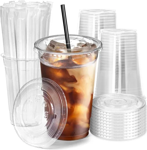 Vista 7 de Fit Meal Prep Paquete de 100 Vasos de Plástico para Café Helado de 12 oz con Tapas Planas y Pajitas Negras, Vaso Transparente Desechable, Vaso Libre