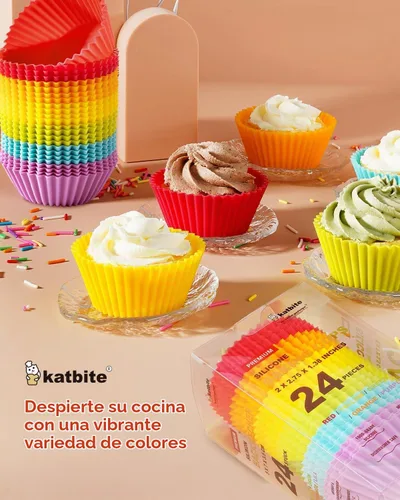 Vista 7 de Katbite Paquete de 24 forros de silicona para cupcakes, juego de forros de silicona antiadherentes para magdalenas, moldes gruesos y resistentes