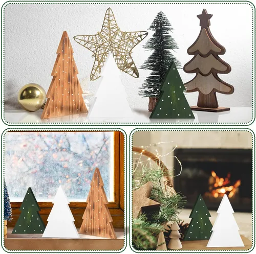 Vista 6 de AceOrbit 3 piezas de decoraciones navideñas rústicas de granja de madera, árboles de Navidad neutros, letreros decorativos de mesa en forma de árbol