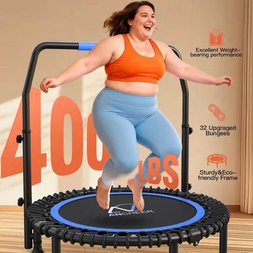 Vista 6 de ANCHEER Trampolín Rebounder de 40 pulgadas con mango ajustable de 4 niveles, mini trampolín máximo de 400 libras, trampolín de fitness resistente