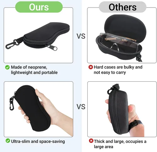 Vista 3 de Mkono Paquete de 2 fundas para lentes de sol, de neopreno, ultraligeras, de viaje, suaves, con clip, para hombres y mujeres, color negro