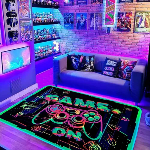 Vista 7 de Alfombra de área de juegos con luz negra para decoración de dormitorio, alfombra estampada de juegos, alfombra gamer que brilla en la luz negra