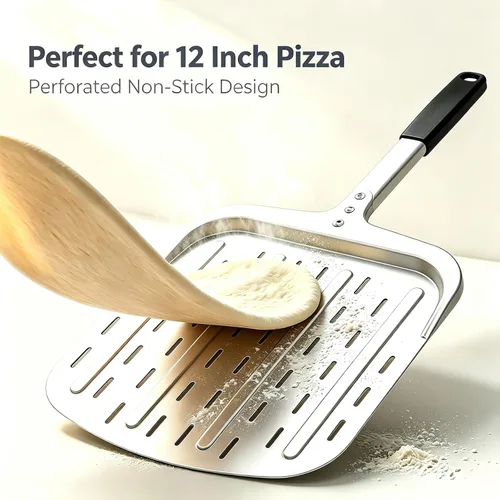 Vista 3 de Pala de pizza de 12 pulgadas, pala grande de aluminio para pizza con mango ergonómico largo y superficie antiadherente perforada, accesorios