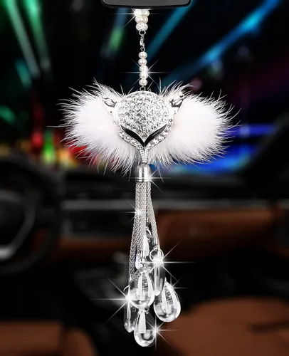 Vista 8 de Glamorosa decoración colgante de espejo de coche con cabeza de zorro azul oscuro, adorno de automóvil con temática animal para mujeres y hombres