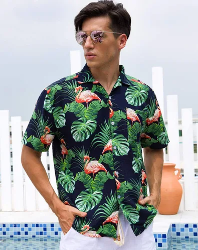Vista 4 de Janmid Camisas hawaianas florales de manga corta con botones para hombre