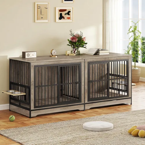 Vista 10 de Rovibek 78 Mueble Jaula Doble para Perros para 2 Perros Grandes de Interior, Muebles de Madera Jaulas para Perros con Cuenco para Perros, Mueble