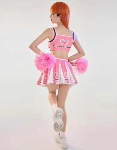 Vista 3 de miccostumes Disfraz de animadora para mujer con patrón de corazón y falda con pompones
