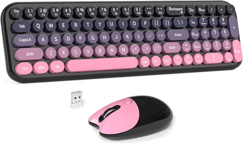 Vista 24 de MOWUX Combo de teclado y mouse inalámbricos, máquina de escribir de tamaño completo, teclado de computadora redondo retro, lindo mouse óptico, 2.4G
