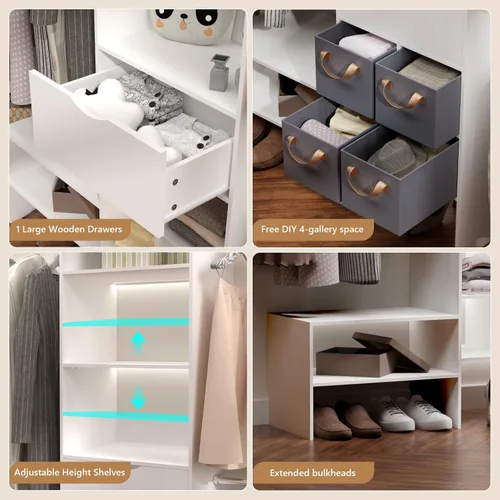 Vista 7 de Sistema organizador de armario de madera, organizador de armario con 3 varillas para colgar y 1 cajón de madera, sistema de armario ajustable