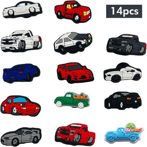 Vista 3 de 14 dijes para zapatos de coche de carreras, camión de carreras, autobús que no se repiten, accesorios de decoración para niños, niñas, adultos