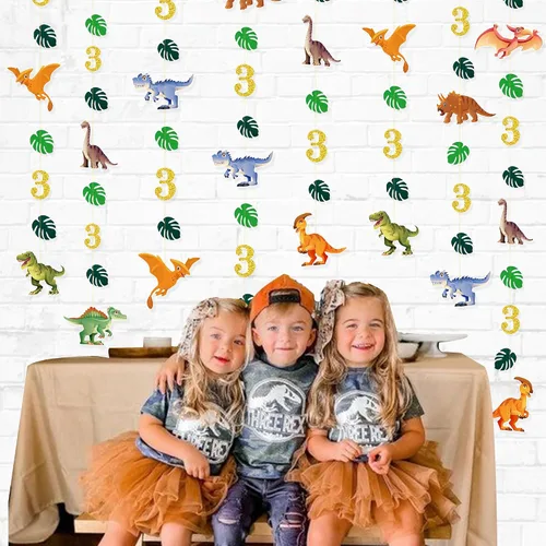 Vista 5 de Decoraciones de cumpleaños de dinosaurio de 52 pies para niños, pancarta de cumpleaños de tercer dinosaurio Rex, guirnalda de serpentinas, telón