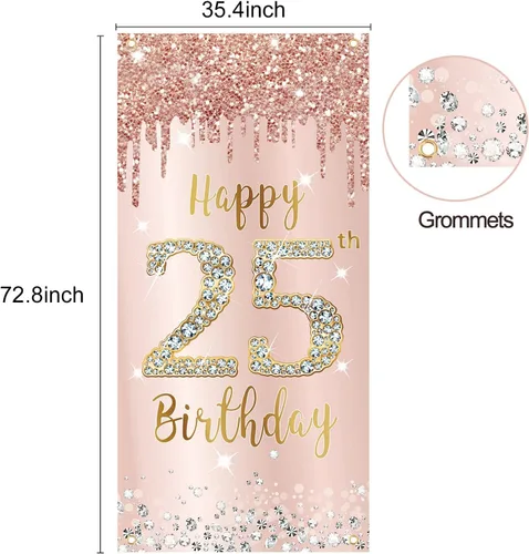 Vista 3 de Cartel decorativo para puerta de cumpleaños número 25 para mujer, cartel de fondo de cumpleaños de 25 años y suministros de fiesta de feliz