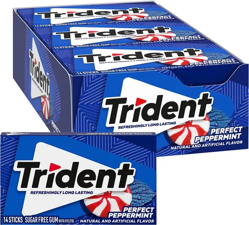 Vista 26 de 12 paquetes de 14 unidades cada uno; es decir, en total son 168 unidades de goma de mascar Trident Bubblegum sin azúcar sabor chicle. Accesorios