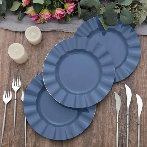 Vista 21 de Tableclothsfactory Paquete de 10 platos redondos de plástico negro de 6 pulgadas para ensalada de postre, platos desechables con borde ondulado