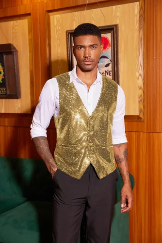 Vista 4 de COOFANDY Chaleco de lentejuelas para hombre, ajustado, chaleco de fiesta de Navidad, chaleco brillante para bodas, bailes, eventos