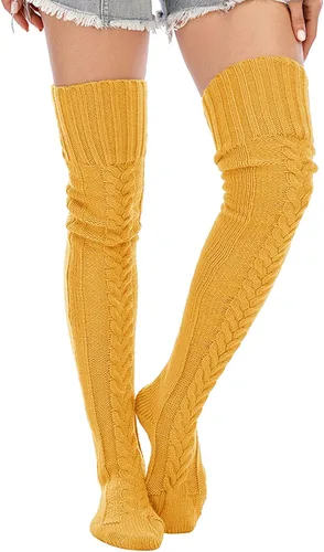 Vista 2 de YELAIVP Calcetines altos de punto trenzado para mujer, calcetines por encima de la rodilla, calentadores de piernas extra largos