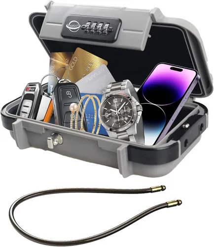 Vista 10 de Caja de seguridad portátil, combinación segura con cable extraíble, establece tu propia combinación, para viajes, actividades familiares y de Negro