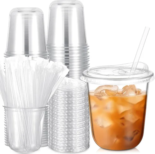 Vista 22 de Ziliny Paquete de 25 vasos de plástico transparente de 12 onzas con tapas para sorbos y pajitas, tazas desechables para café helado de cristal