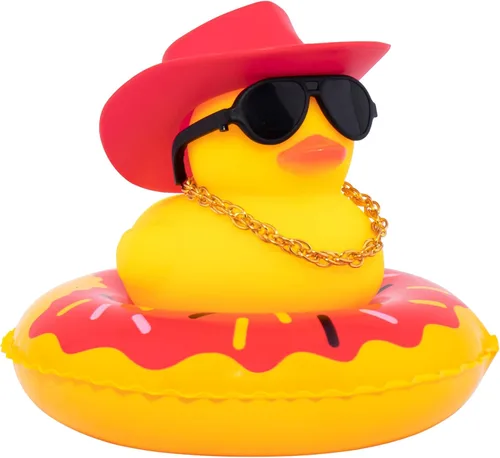 Vista 52 de wonuu Pato de goma para automóvil, decoración de pato amarillo con sombrero para el sol, anillo de natación, collar, gafas de sol para decoración