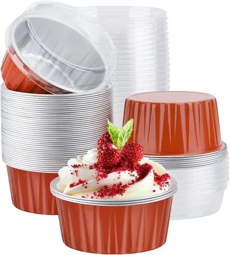 Vista 25 de EUSOAR Vasos para cupcakes con tapas, paquete de 50 forros para magdalenas de 5 onzas de colores surtidos, moldes desechables de papel de aluminio 5
