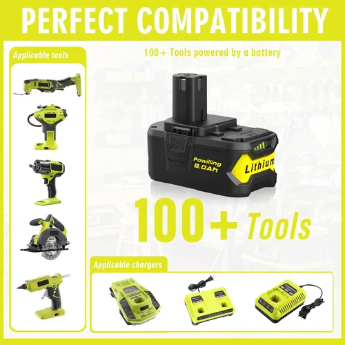 Vista 3 de Powilling Paquete de 2 baterías de repuesto de 8.0Ah 18V para batería de litio Ryobi 18V P102 P103 P105 P107 P108 P109 con cargador de batería P117