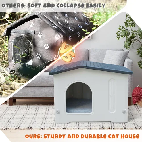 Vista 4 de Casa para gatos al aire libre con puerta de escape, casa para gatos con alfombrilla de autocalentamiento, casa para gatos al aire libre, casa grande