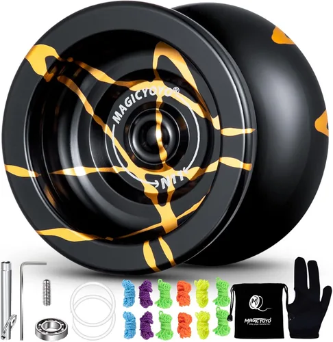 Vista 2 de MAGICYOYO N11 Yoyo N11 - Bola profesional Yoyo N11 de aleación de doble propósito (negro con dorado) con saco, guante, 12 cuerdas Yoyo y kit