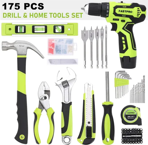 Vista 3 de FASTPRO Juego de 175 piezas de taladro inalámbrico de 12 V, taladro con controlador y kit de herramientas para el hogar, herramienta de reparación