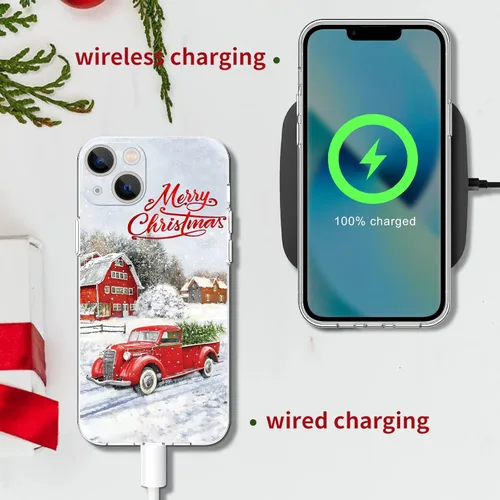 Vista 5 de Newseego Funda de Navidad para iPhone 13, Serie Linda a Prueba de Golpes Anti-Amarillo PC Duro + Parachoques TPU Cubierta Protectora para Mujeres