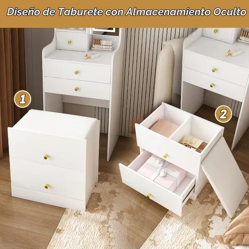 Vista 6 de Runboll - Mesa de Tocador Compacta con Taburete de Almacenamiento y Espejo Iluminado Ajustable, Escritorio de Maquillaje Pequeño 3-en-1 con 4