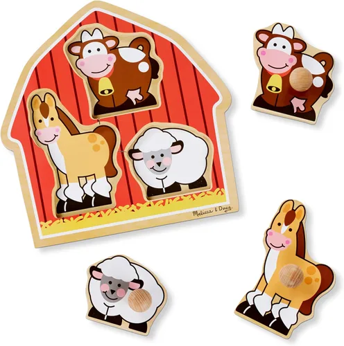 Vista 4 de Melissa & Doug Barnyard Animals Jumbo - Rompecabezas de perilla, rompecabezas de madera para niños pequeños, juguete educativo para reconocimiento