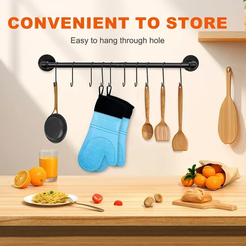 Vista 7 de Guantes de horno de silicona resistentes al calor, impermeables, mango flexible, lavable para comida caliente, color azul, extra largo