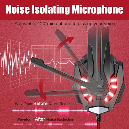 Vista 5 de BENGOO Auriculares estéreo Pro Gaming para PS4, PC, controlador Xbox One, cancelación de ruido sobre la oreja con micrófono, luz LED, sonido