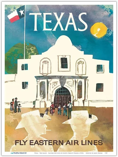Vista 9 de Texas - Cowboys at The Alamo - Lone Star Flag - Eastern Air Lines - Vintage Travel Poster by Joseph Charles Parker c.1960s - Master Art Print