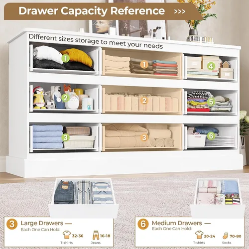 Vista 6 de Hasuit Cómoda Blanca Moderna para Dormitorio con 9 Cajones, Cómodas de 61.4" de Ancho Cajonera con Almacenamiento de Gran Capacidad, Cómoda Larga