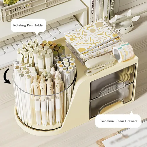 Vista 4 de Organizador de Escritorio con Soporte Giratorio para Lápices y Bolígrafos y 2 Cajones Pequeños, Caddy de Escritorio para Organización y Beige
