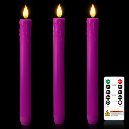 Vista 14 de Homemory Velas cónicas cerosas sin llama de 11 pulgadas con temporizador remoto, 3 velas cónicas que funcionan con pilas con llama parpadeante
