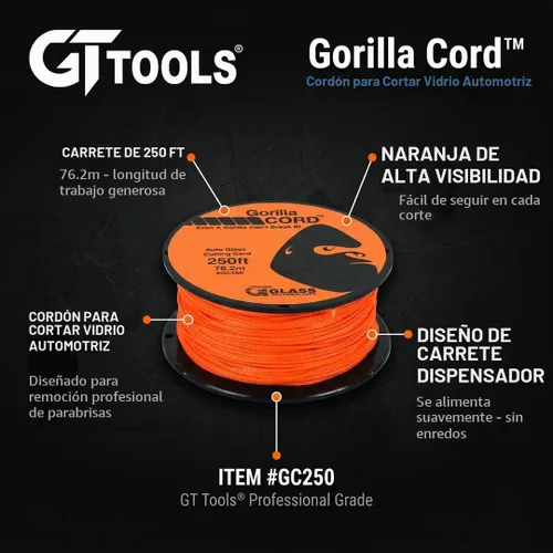 Vista 2 de GT Tools Glass Technology - Línea de Corte de Vidrio Automotriz Gorilla Cord - 250 pies Línea de Corte de Calidad Premium para Remoción Precisa