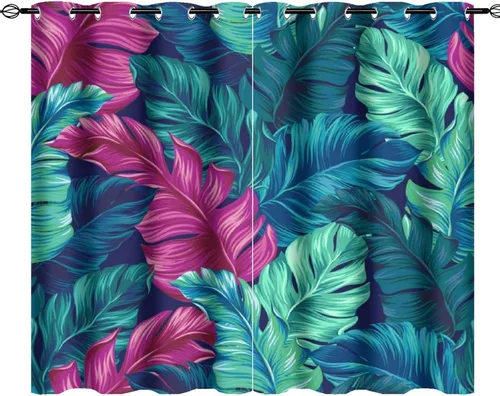 Vista 27 de Cortinas abstractas de hojas tropicales, acuarela tropical, hojas de palma, verano hawaiano, plátano, aislamiento térmico, cortinas completas