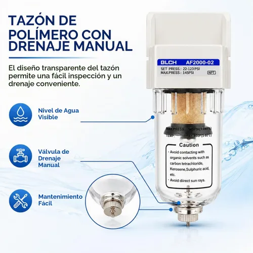 Vista 3 de BLCH Secador de Línea de Aire de 1/4" NPT - Secador de Aire para Compresor, Sistema de Secado de Aire Comprimido AF2000-02Z con Drenaje Manual