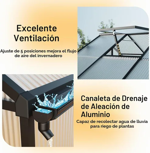 Vista 3 de Invernadero grande de aluminio mejorado de 10X12FT para exteriores con termómetros